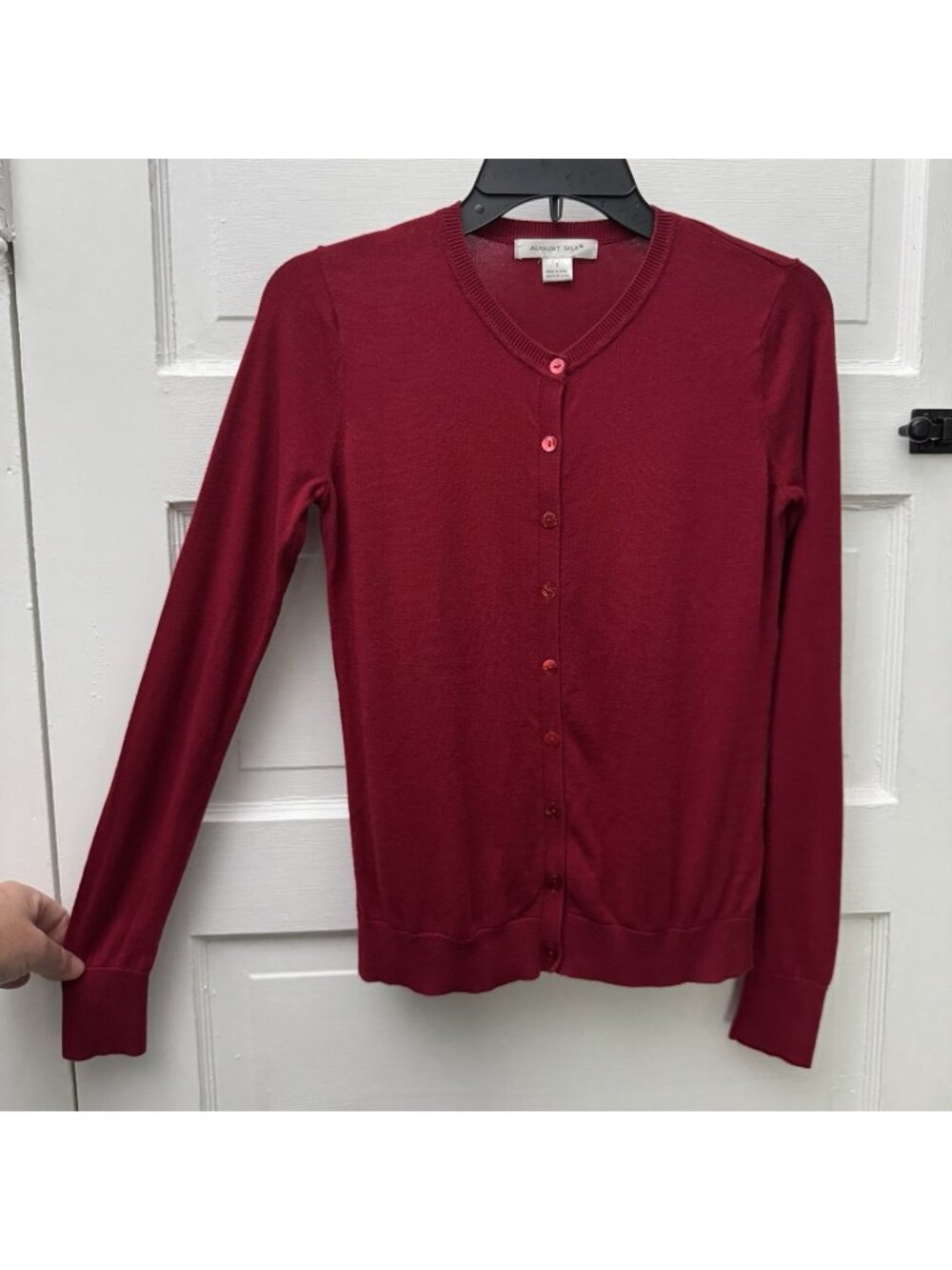 August Silk Women’s S Burgundy Red Button Front V Neck Cardigan Sweater